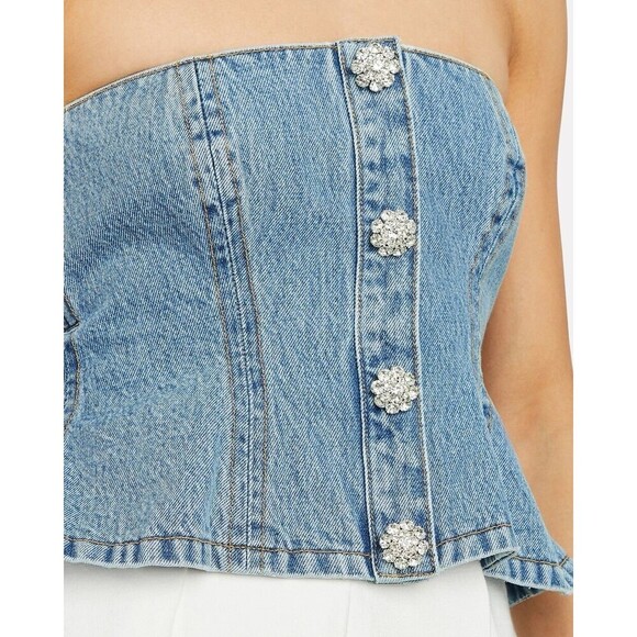 GANNI Rhinestone-Embellished Denim Bustier Blue Size 36 / US 4 Small - Picture 5 of 12